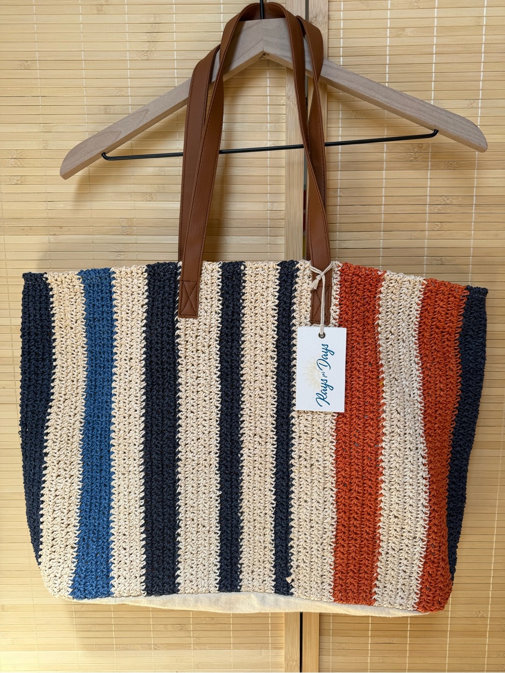Striped Raffia + Canvas Zip Closure Tote Bag NWT